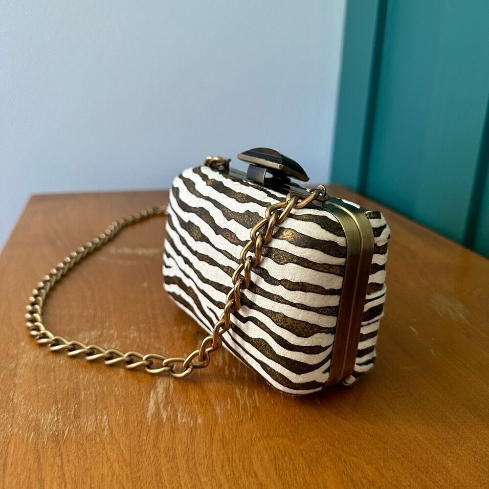 Mary Frances Aria Bronze Zebra Printed Tassel Versatile Shoulder Clutch Bag - Picture 7 of 14